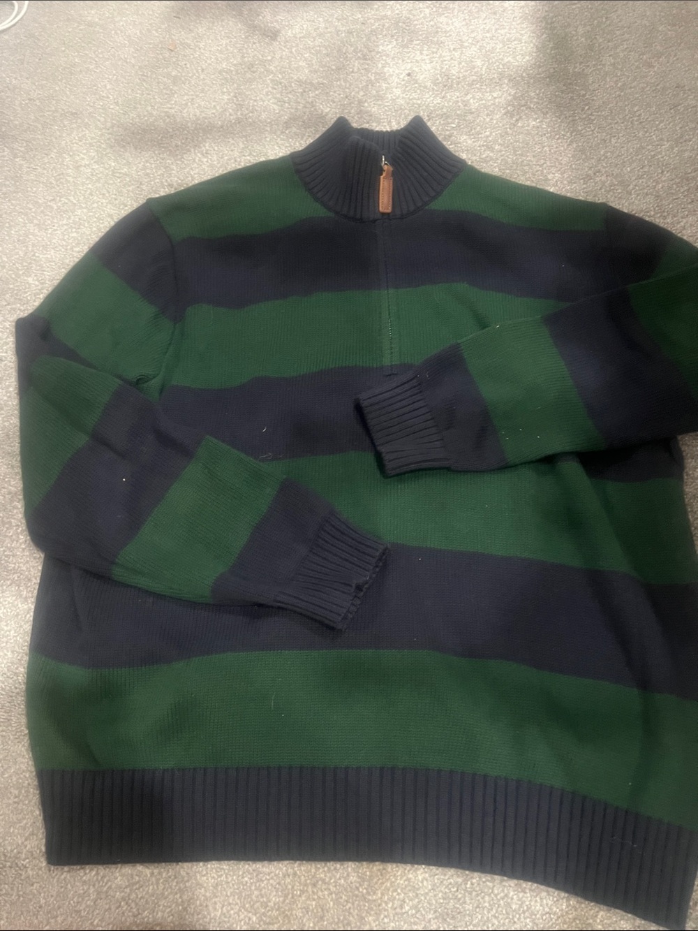Brandy Melville Green and Navy Striped Half-Zip Sweater